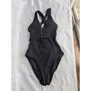 NWT Becca by Rebecca Virtue One Piece Swimsuit Black Lace Up Plunge Size Small
